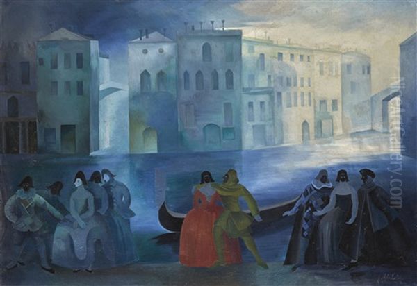 Masked Figures By The Banks Of A Venetian Canal Oil Painting by Alexandra Exter