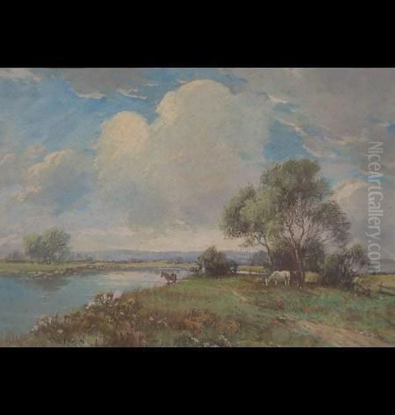 Horses Beside A River Oil Painting by William Ashton