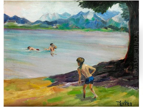 Drei Knaben Beim Baden Am Chiemsee Oil Painting by Julius Exter