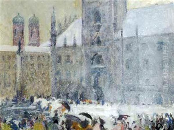 Marienplatz In Munchen Im Schneetreiben Oil Painting by Julius Exter