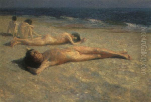 Boys Relaxing On A Beach Oil Painting by Julius Exter