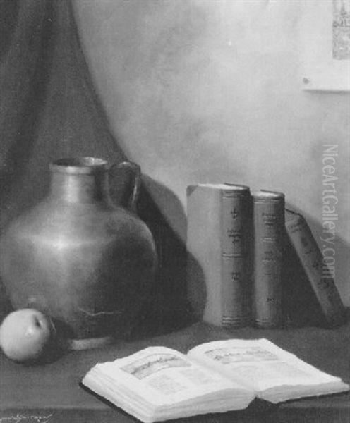 Still Life With Books, Apple And Vase Oil Painting by Johanna G. van Eybergen