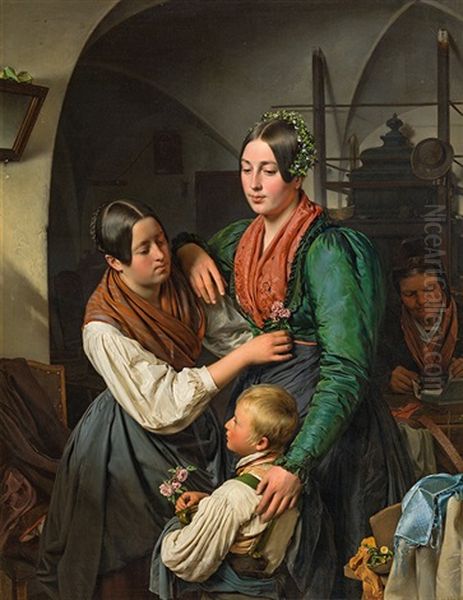 A Bride Is Being Adorned For Her Wedding Oil Painting by Franz Eybl