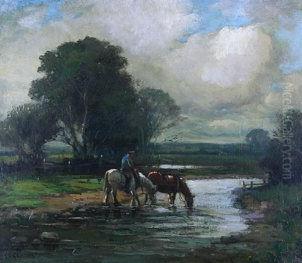 Farmhand Watering Two Horses At Astream Oil Painting by William Ashton