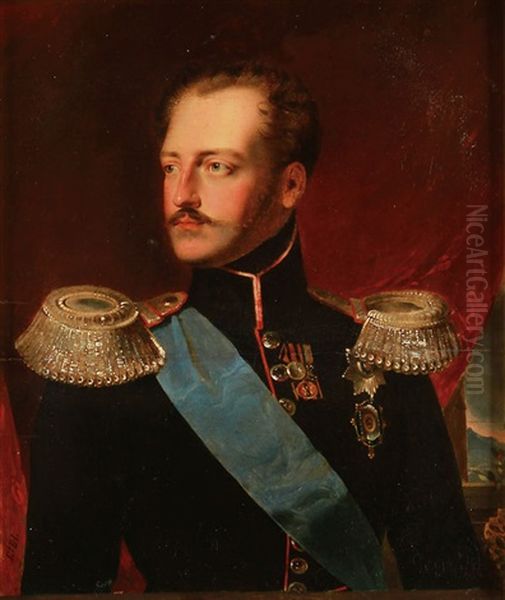 Portrait Of Tsar Nicholas I In Red Piped Uniform Wearing The Sash Of The Order Of St. George Oil Painting by Franz Eybl