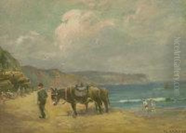 Donkeys On The Beach At Upgang Whitby Oil Painting by William Ashton