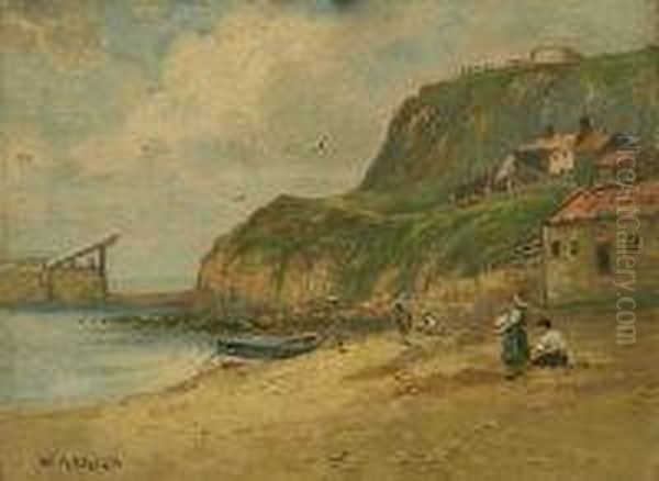 Figures On Tate Hill Sands Whitby Oil Painting by William Ashton