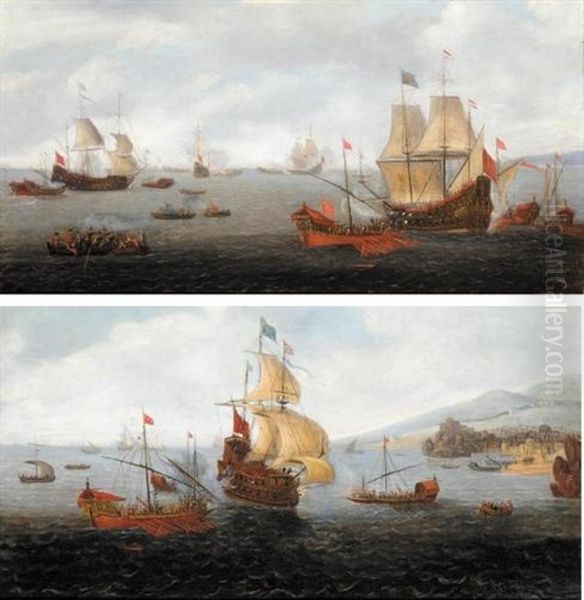 An English Frigate Flanked By Levantine Galleys (+ Two Dutch Men-o'-war Accompanied By Levantine Galleys; Pair) Oil Painting by Caspar van Eyck