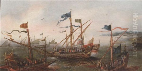 Spanish Galleys Off A Mediterranean Coastline Oil Painting by Caspar van Eyck