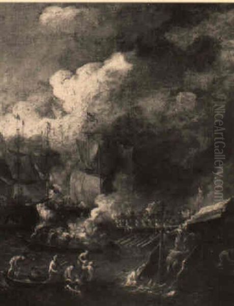 A Naval Engagement Oil Painting by Caspar van Eyck