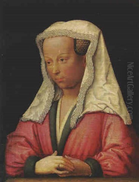 Portrait Of Bonne D'artois, Duchess Of Burgundy, Half-length, In A Red Fur-lined Coat And A White Headdress Oil Painting by Jan Van Eyck