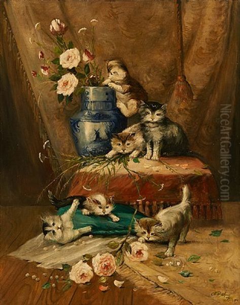 Jeux De Chatons Au Pot De Fleurs Oil Painting by Charles van den Eycken I