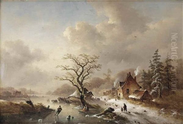 A Winter Landscape With Travellers On A Path Oil Painting by Charles van den Eycken I