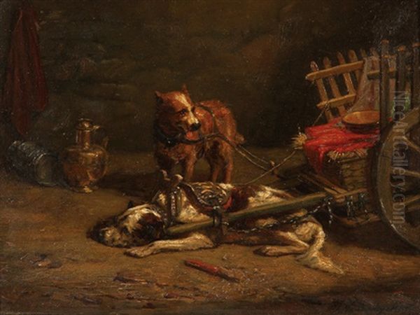 Taking A Rest- A Pair Of Dogs Pulling A Cart by Charles van den Eycken I