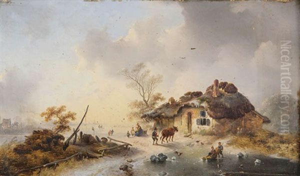 Paysage Aquatique En Hollande Anime De Patineurs A Glace Et Paysan Avec Vache Devant Une Ferme Oil Painting by Charles van den Eycken I