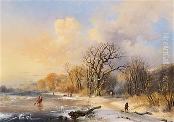 Landscape In Winter With Figures On A Frozen Lake Oil Painting by Charles van den Eycken I