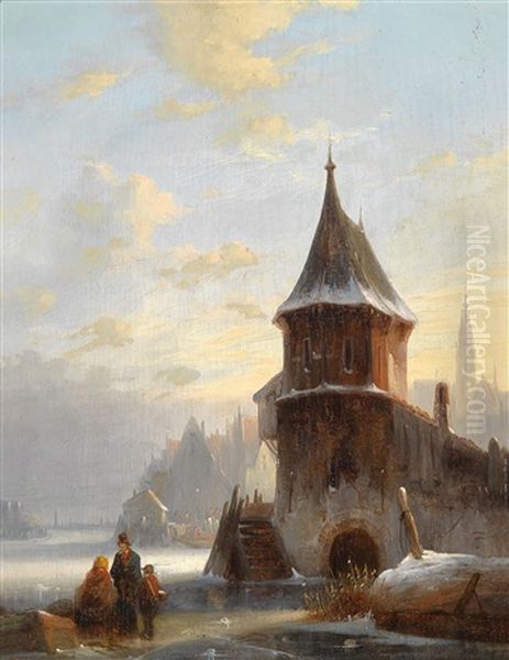 Winterlandschaft Mit Einer Stadt An Einem Zugefrorenen Kanal Oil Painting by Charles van den Eycken I