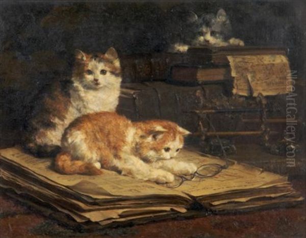 Kittens Oil Painting by Charles van den Eycken I