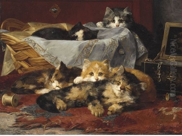 Kittens In A Basket Oil Painting by Charles van den Eycken I