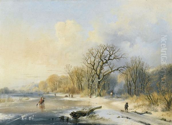 Winterliche Flussuferlandschaft Mit Schlittschuhlaufern Oil Painting by Charles van den Eycken I