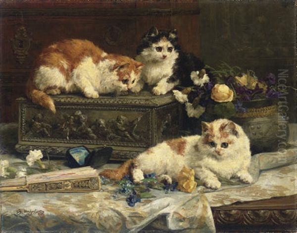 The Three Kittens Oil Painting by Charles van den Eycken I