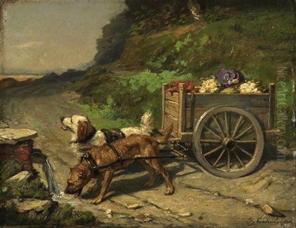 Zwei Hunde Vor Einem Gemusekarren Oil Painting by Charles van den Eycken I