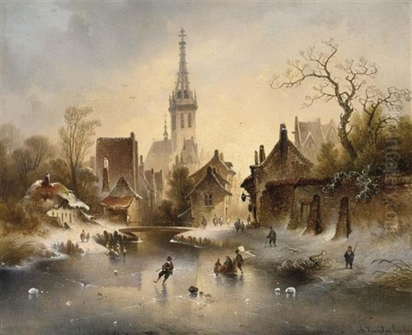 A Winter Landscape With Skaters Near A Village Oil Painting by Charles van den Eycken I