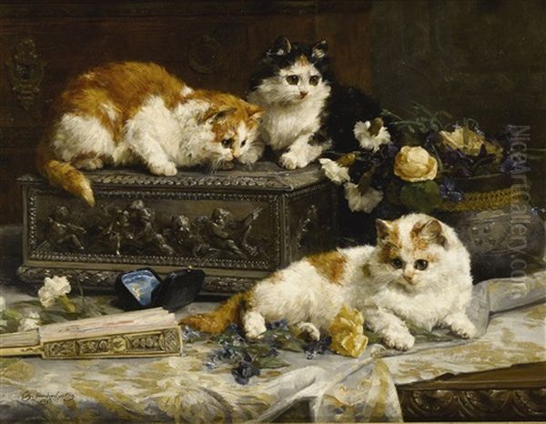 Three Watchful Kittens Oil Painting by Charles van den Eycken