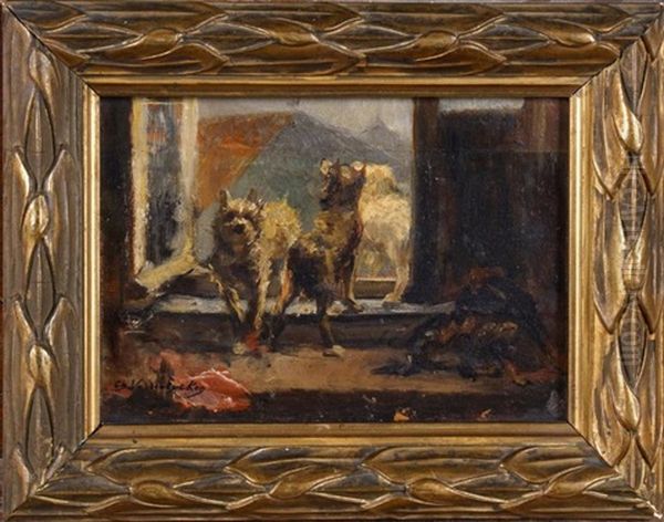 Chiens A La Fenetre (date 1921) Oil Painting by Charles van den Eycken