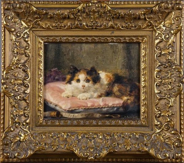 Chaton Au Coussin Rose (date 1917) Oil Painting by Charles van den Eycken