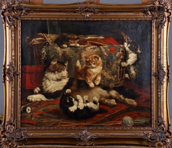 Mere Et Ses Chatons Oil Painting by Charles van den Eycken