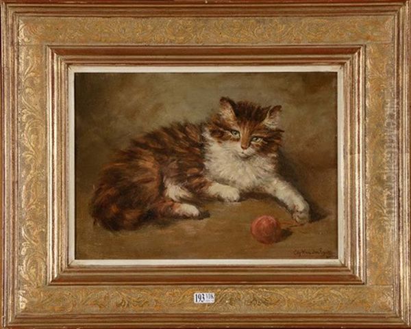 Chat Couche Jouant Avec Une Pelote De Laine Oil Painting by Charles van den Eycken