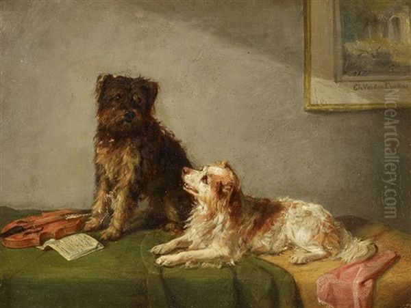 Zwei Hunde Neben Geige Und Notenblatt Oil Painting by Charles van den Eycken