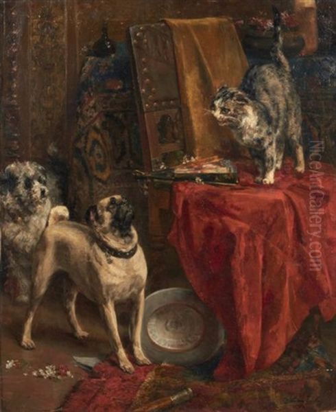 Chiens Et Chat A L'eventail Oil Painting by Charles van den Eycken