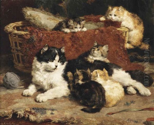 Bonne Mere; A Cat And Her Kittens Oil Painting by Charles van den Eycken