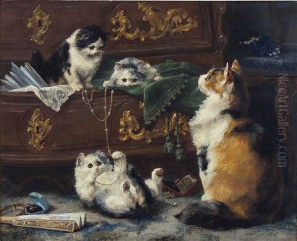 A Cat With Her Kittens Oil Painting by Charles van den Eycken