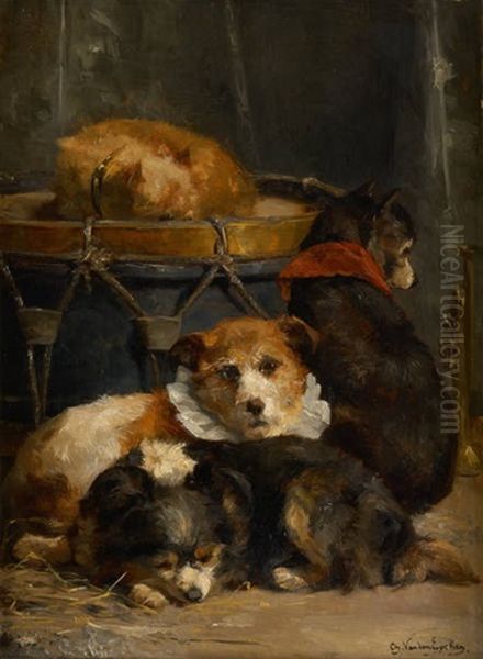 Le Repos Des Chiens Saltimbanques Oil Painting by Charles van den Eycken