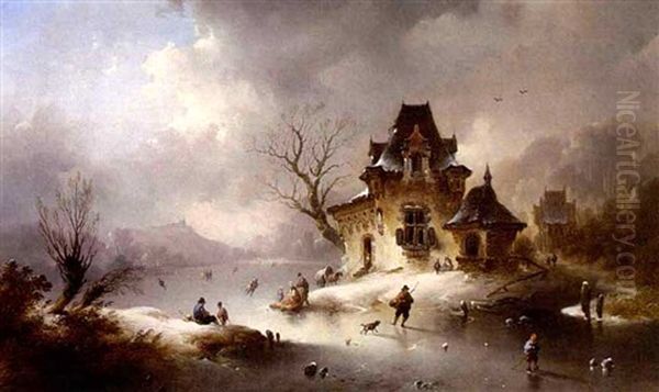 A Winter Landscape With Skaters On A Frozen Waterway Oil Painting by Charles van den Eycken