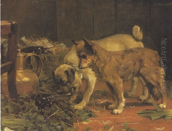 Deux Chiens Decouvrant Un Cageot De Homards Vivants Oil Painting by Charles van den Eycken