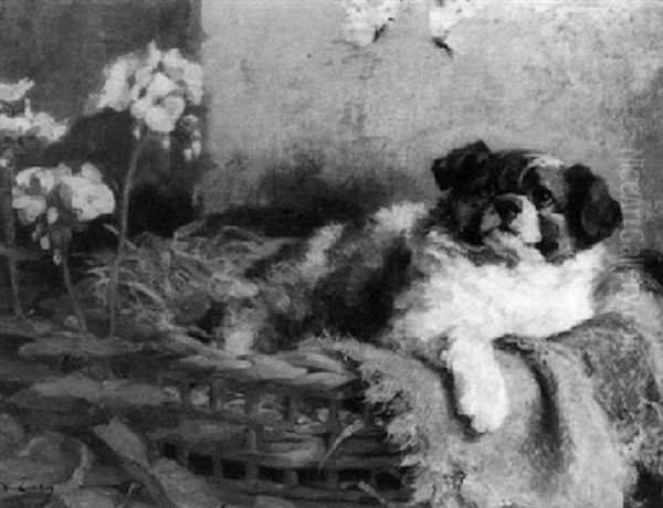 A Puppy Watching Butterflies Oil Painting by Charles van den Eycken