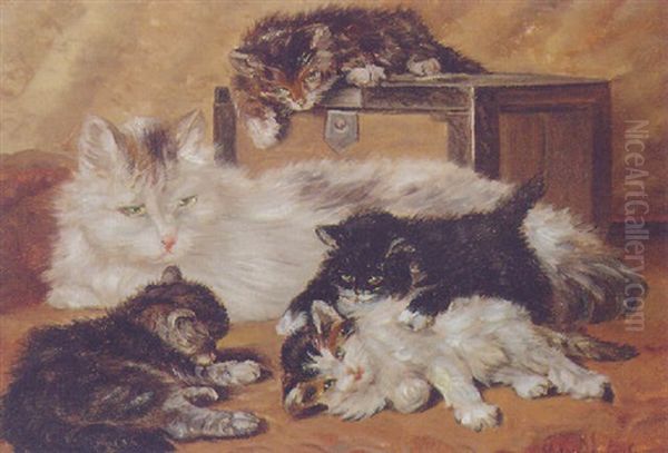 Playful Kittens With Their Mother Oil Painting by Charles van den Eycken