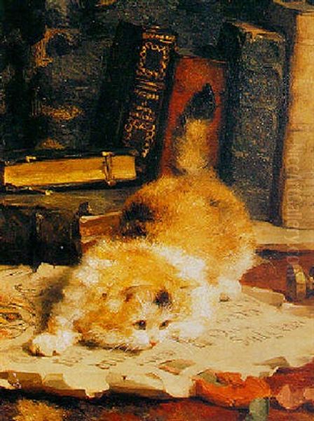 A Kitten Playing Oil Painting by Charles van den Eycken