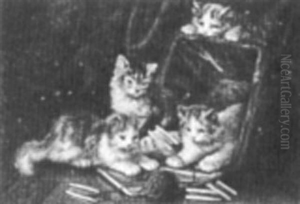 Kittens Playing In A Basket Oil Painting by Charles van den Eycken