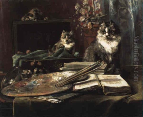 Spielende Katzen In Einem Maleratelier Oil Painting by Charles van den Eycken