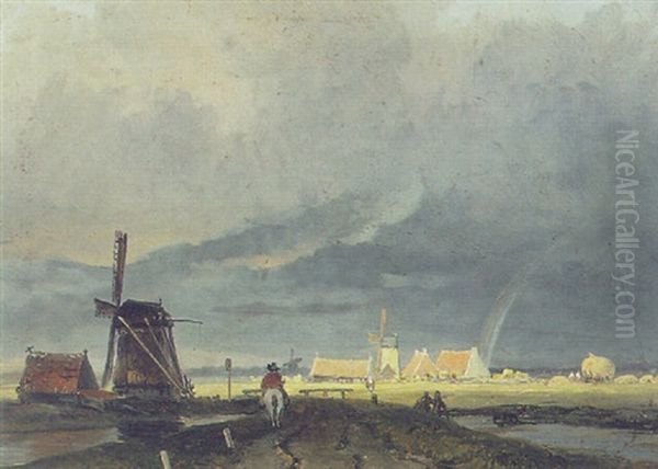 Figure On A Path Near A Windmill Oil Painting by Arnoldus Johannes Eymer