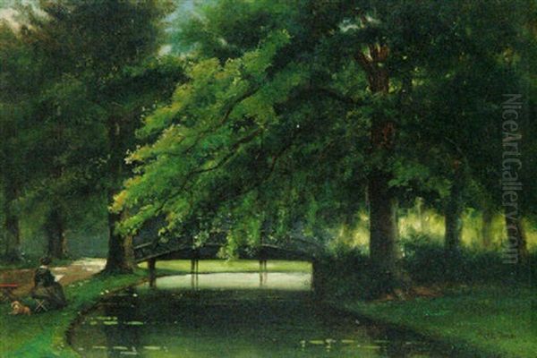 An Artist Painting In A Tranquil River Landscape Oil Painting by Arnoldus Johannes Eymer