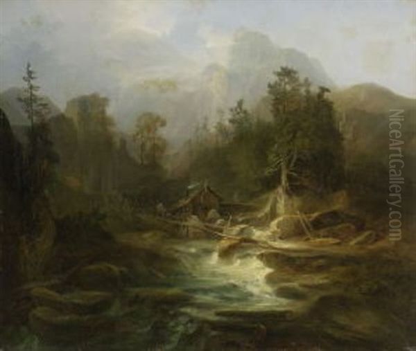 Bewaldete Gebirgslandschaft Mit Einem Wildbach Oil Painting by Christian Friedrich Ezdorf