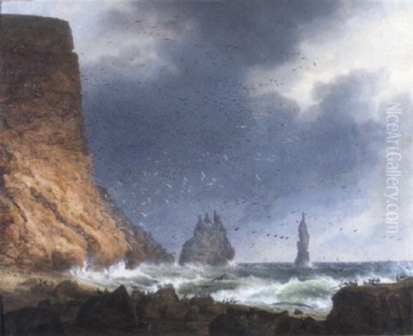 Seabirds Off A Rocky Coastline With Stormy Skies Oil Painting by Christian Friedrich Ezdorf