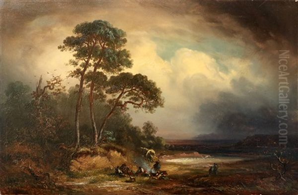 Voralpine Flusslandschaft Mit Kiefern Und Personen Am Lagerfeuer Oil Painting by Johann Christian Michael Ezdorf