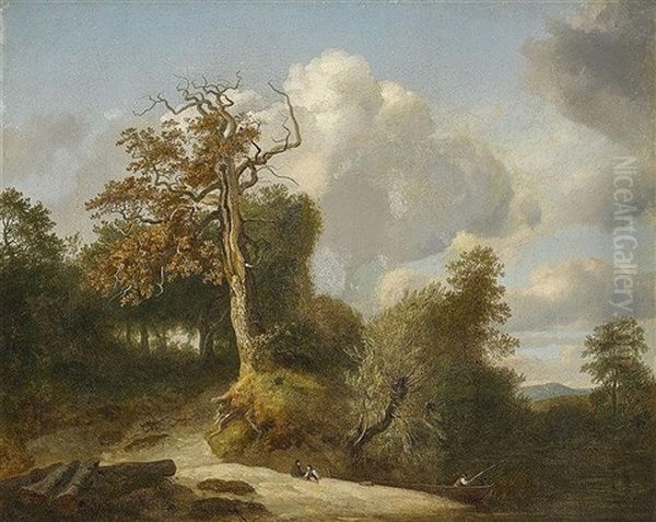 Uferlandschaft Mit Einem Angler Und Zwei Rastenden Knaben Oil Painting by Johann Christian Michael Ezdorf